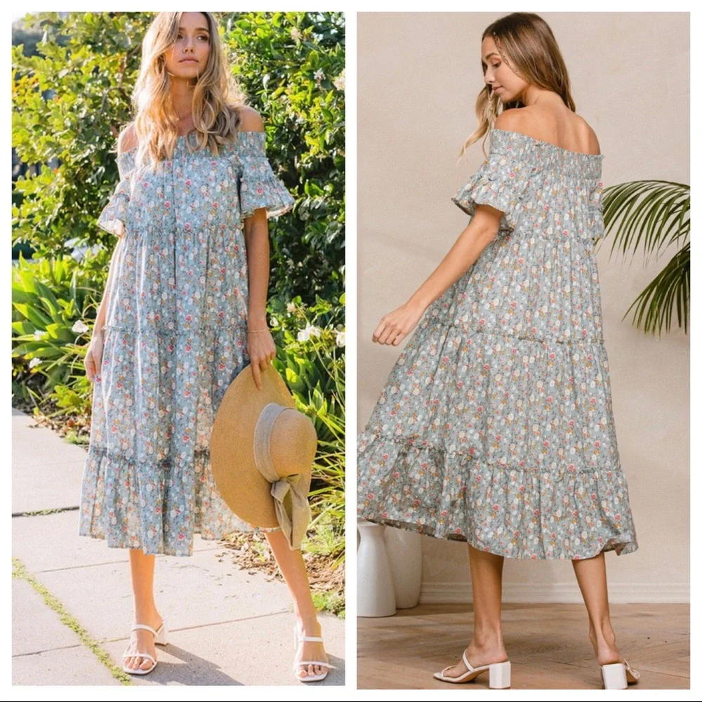Boho Chic Off The Shoulder Floral Midi Dress - Picture 2 of 5